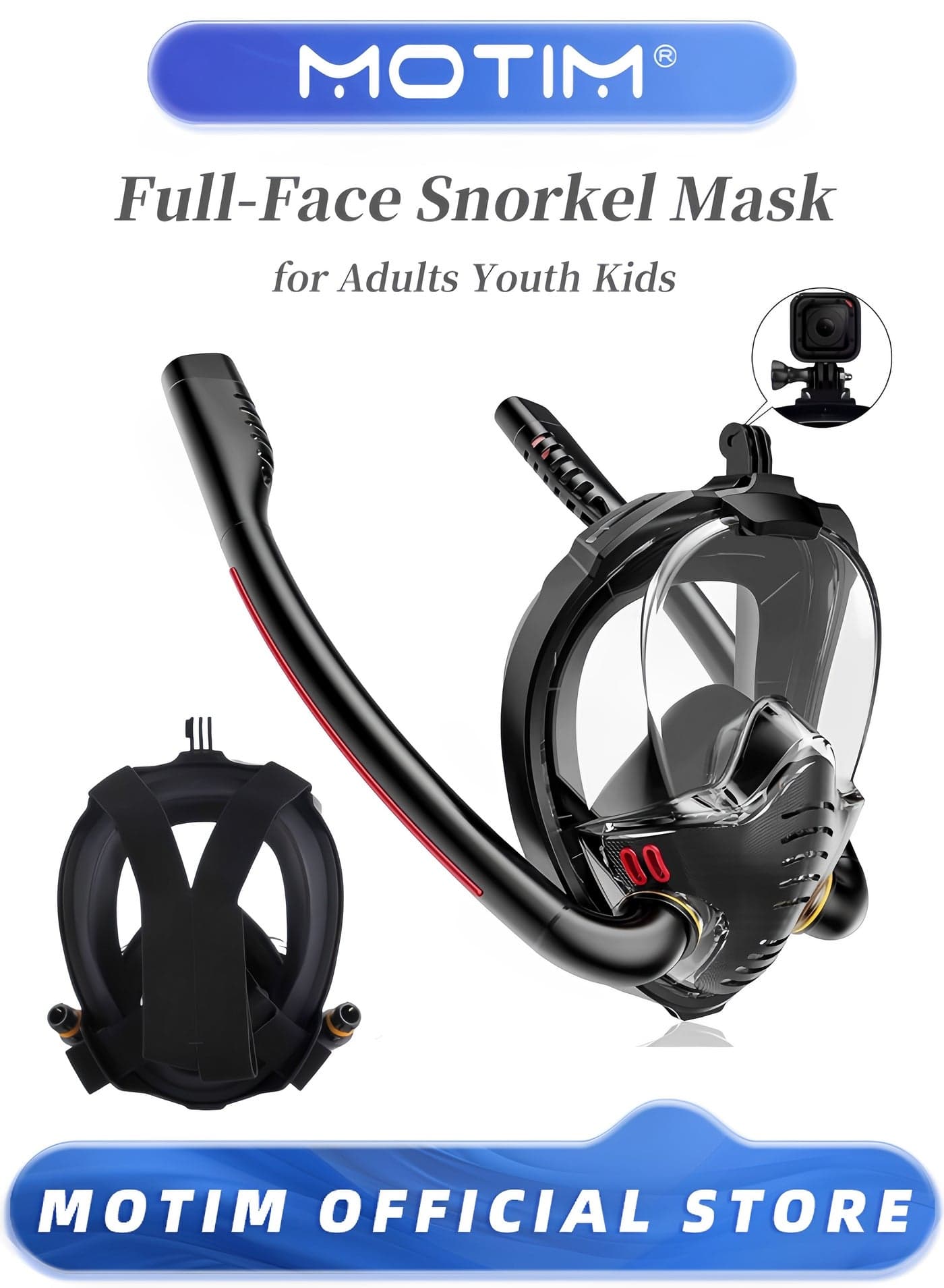 Full Face Snorkel Mask Dry Top Breathing System Double-Tube Set with Camera Mount Anti-Leak Swimming Mask for Adults Youth Kids (S-M)