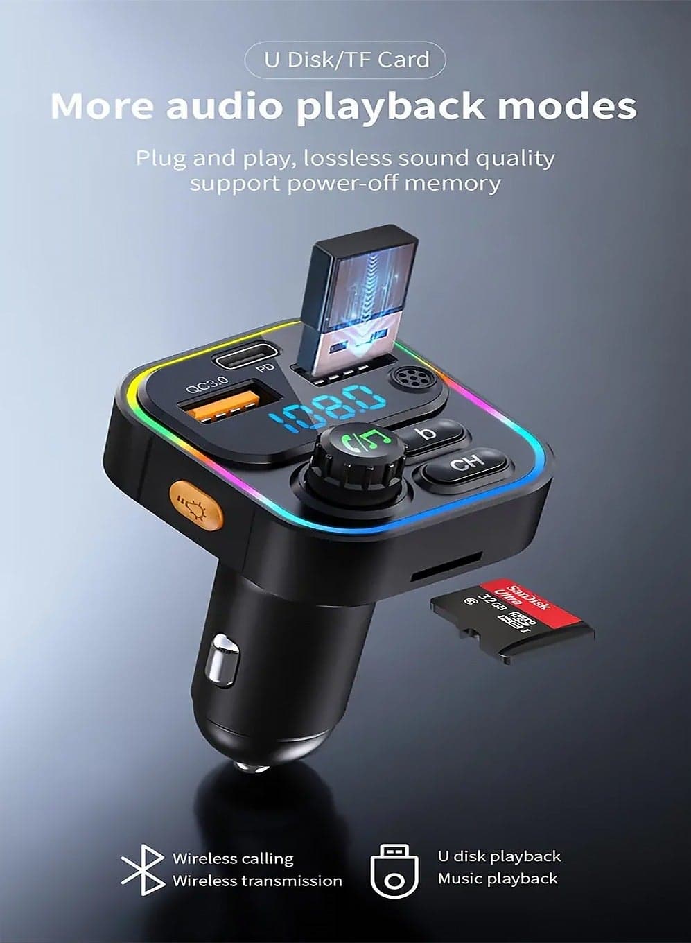 Wireless MP3 Player Car Charger with Multifunctional Colorful Lights,Fast Charging PD,Supports ≤36V Operating Voltage,Plug-in Power Mode and Includes Wireless Functionality