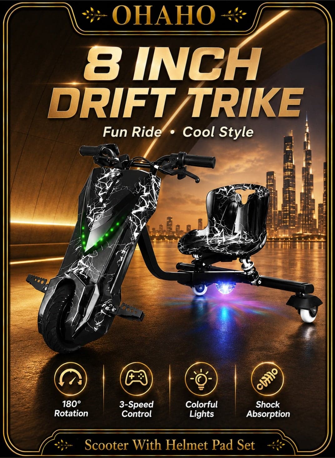 Drifting Electric Scooter, Adjustable Mini Drift scooter With 36V Battery, Electric Scooter With Helmet Pad Set, Knee & Elbow Pads for Kids With 3 Speeds(8Inch)
