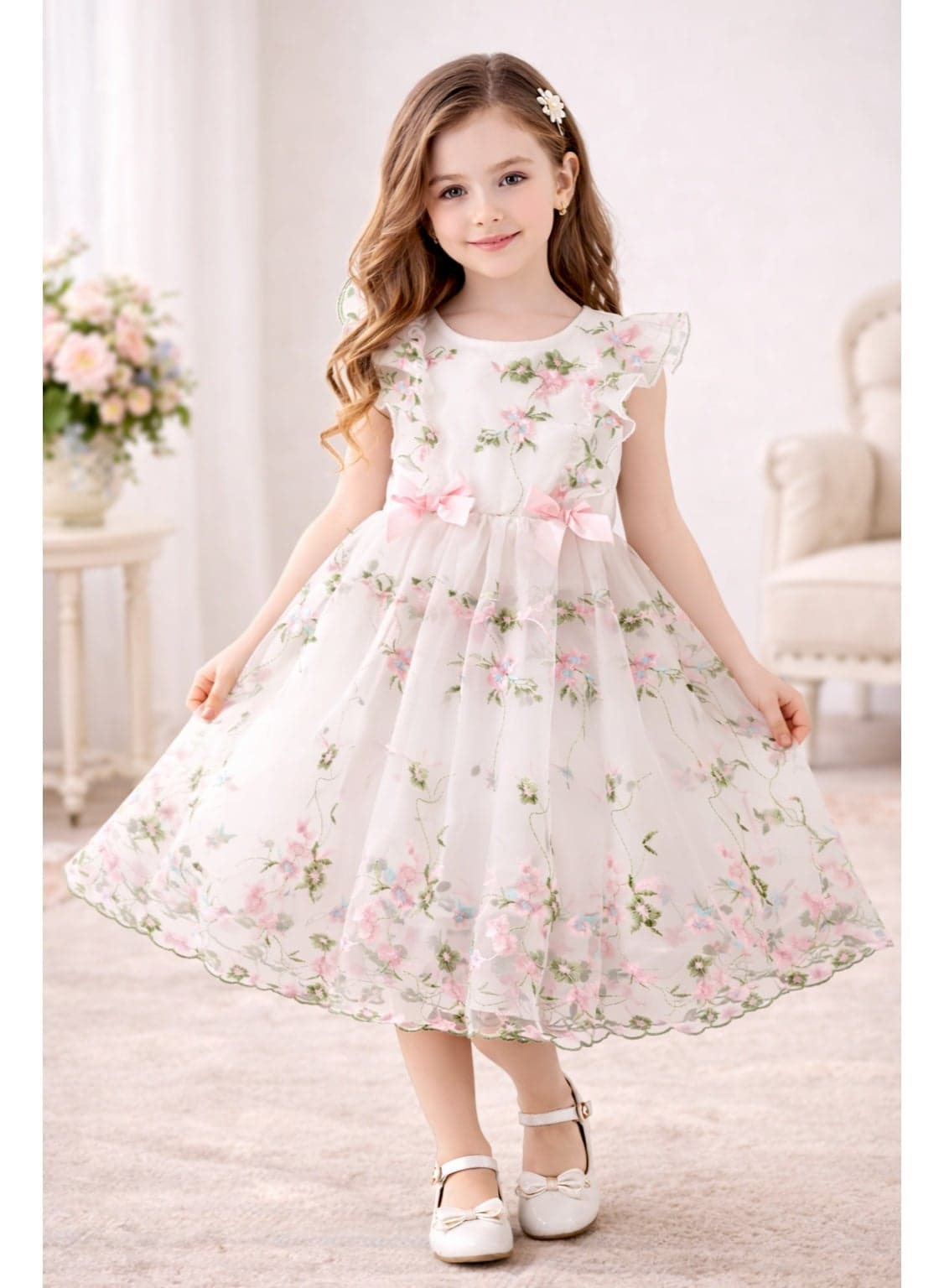 Girls Floral Embroidered Tulle Dress – Elegant Party & Occasion Dress for Kids (3–4 Years) – Soft Mesh, Lightweight & Comfortable