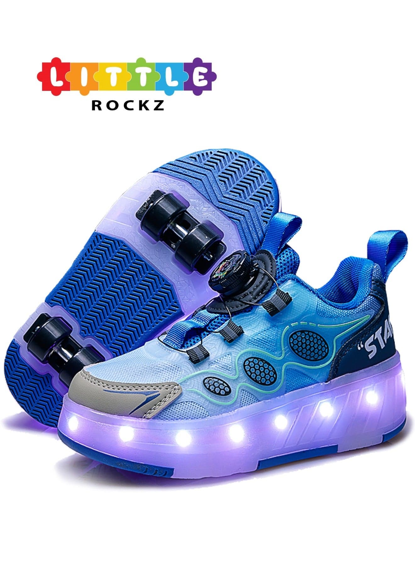 Kids Four Wheel Roller Shoes Rechargeable LED Flash Light Sneaker Skate Heelys Shoes Blue