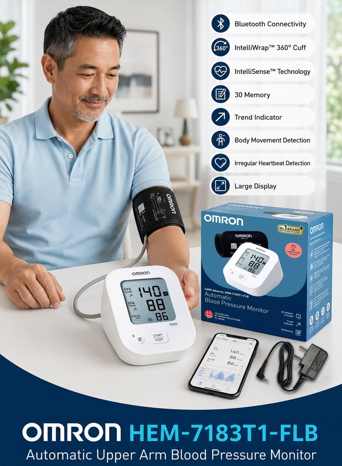 OMRON HEM-7183T1-FLB Automatic Upper Arm Blood Pressure Monitor with Bluetooth Connectivity, IntelliWrap™ 360° Accuracy Cuff 22-42 cm, IntelliSense™ Technology, 30 Reading Memory, Hypertension Indicator, Irregular Heartbeat Detection, Body Movement Detection, Trend Indicator, Large LCD Display, One-Touch Operation, Home Blood Pressure Monitor for Adults, Clinically Validated Digital BP Machine
