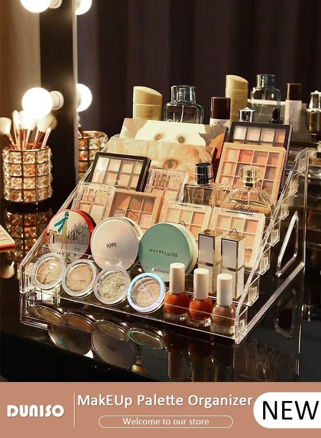 Makeup Organizer for Eyeshadow Palette and Lipstick Organizer, 7 Section Divided Makeup Palette Organizer,Transparent Cosmetic Organizer for Vanity Drawer Countertop Modern Cosmetics Storage