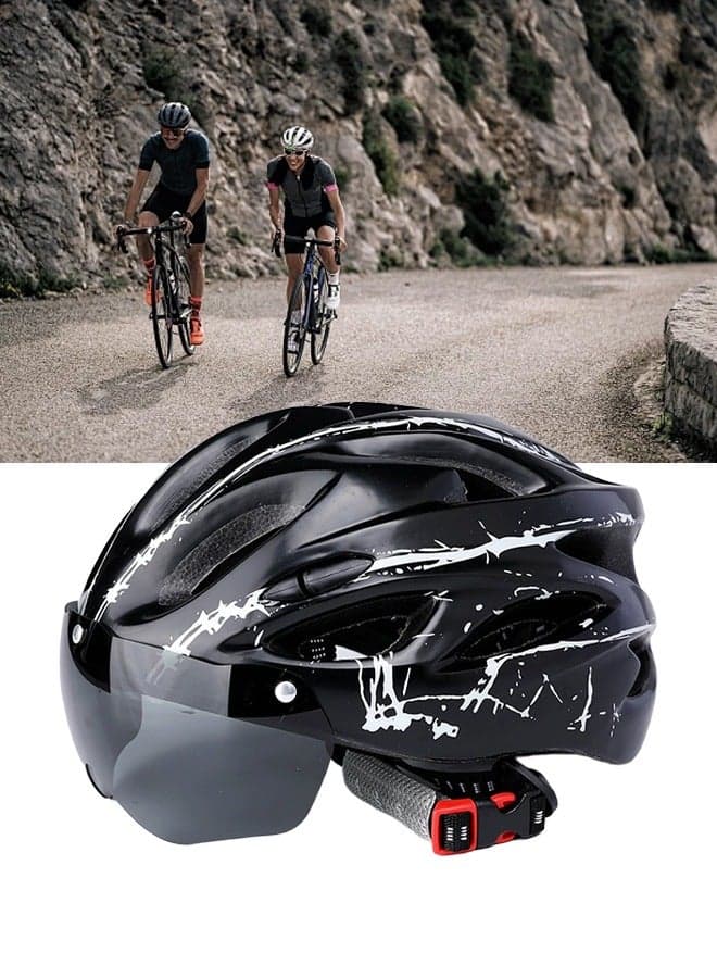 Adult bicycle helmet with detachable magnetic goggles, road and mountain riding protective helmet, adjustable size,unisex,black and white