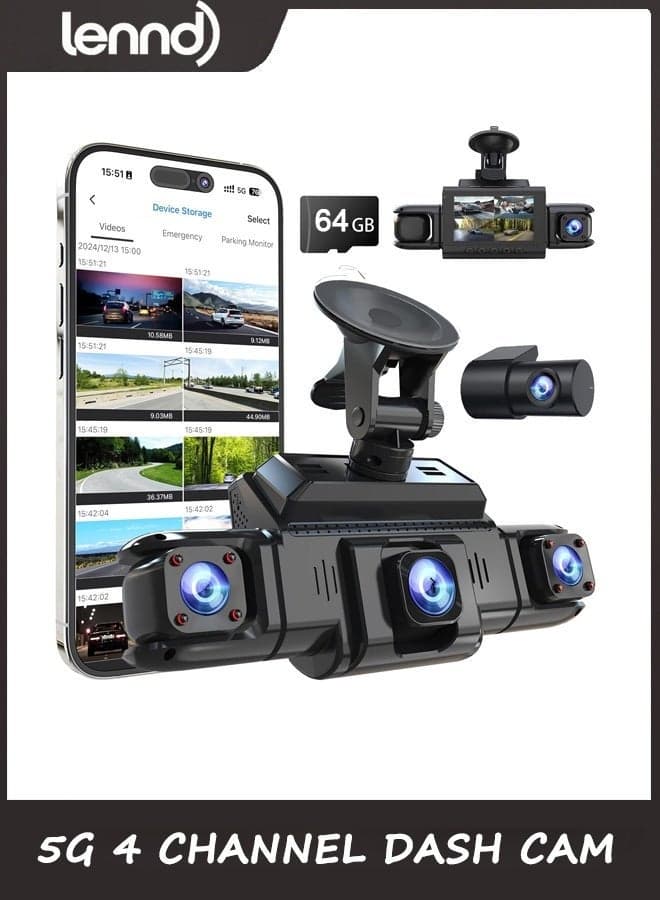 360 View 4 Channel Dash Cam Front and Rear Left Right Inside Camera for Cars, GPS and 5G Band WiFi, Night Vision, 160 Wide Angle, WDR, 24H Parking Mode, Supercapacitor, Included 64GB Card