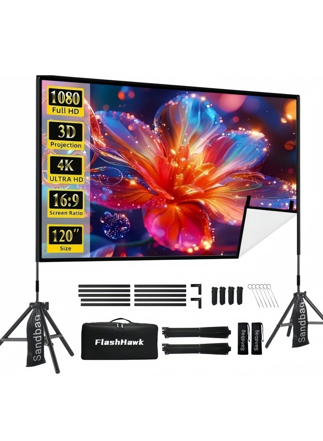 Projector Screen with Stand -120 inch 16:9 4K HD Portable Outdoor Indoor Projector Screen Rear Front Projection Screen Lightweight Movie Screen with Four-Legged Frame Carry Bag for Home Theater