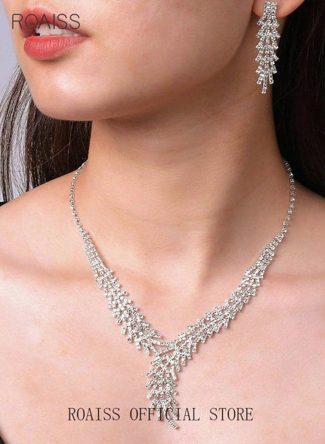 3 Pcs Rhinestone Jewelry Set for Women Shinning V Neck Necklace Zircon Earrings Pendant Dress Accessory Chic Gift for Ladies Mother Wife Bridesmaids Wedding Party Sliver
