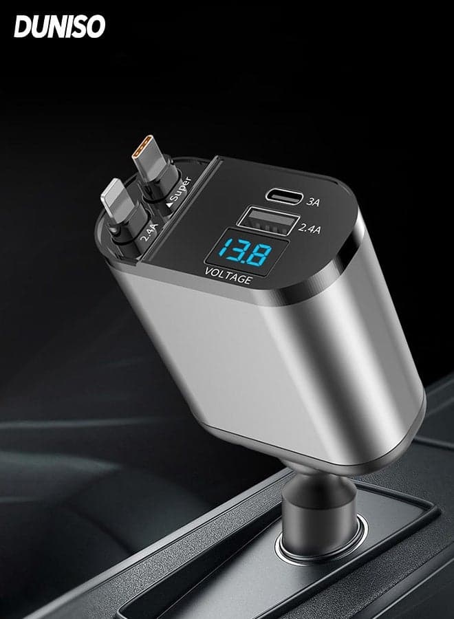 120W Fast Car Charger with Retractable Charging Cable ,4 Ports Fast Car Power Adapter, Car Bluetooth with USB Charger Plug , 4-in-1 Car Cigarette Lighter Plug for iPhone Type-C+iPhone, Samsung, Huawei and more