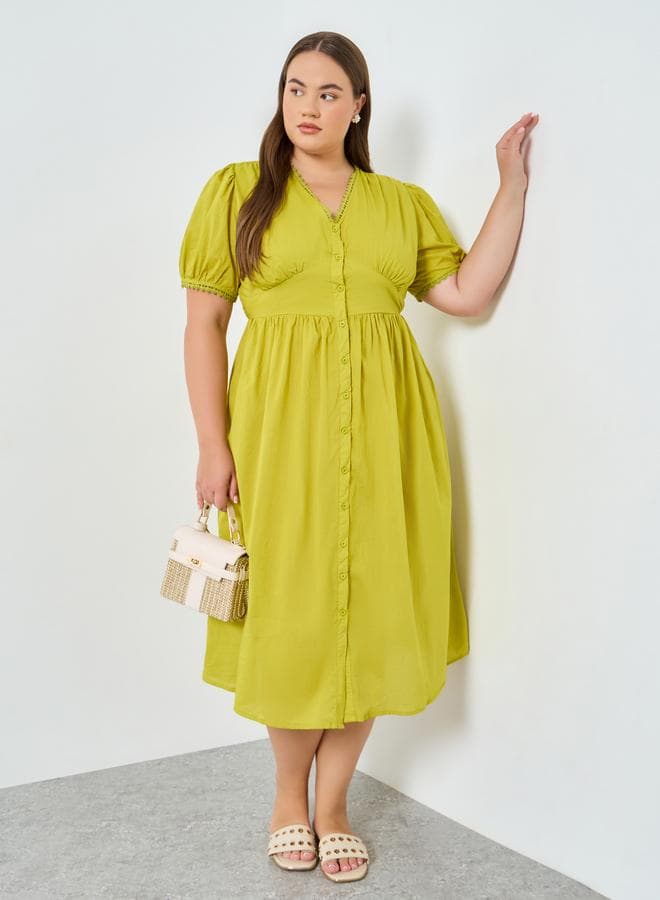 Plus Size Cotton Midi Dress With Puff Sleeves