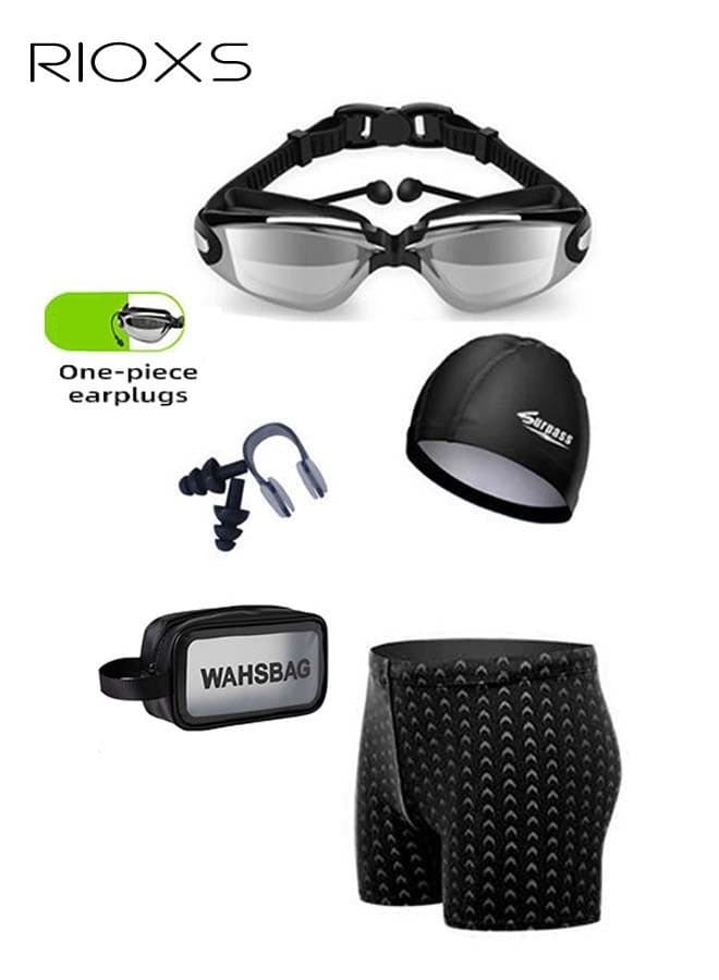 Men's Swimwear Set with Quick-drying Swim Trunks, Adjustable Swimming Goggles, Swim Cap, Nose Clip, Ear Plugs and Storage Bag, Complete Durable Swimming Goggles Package, Swimming Essentials