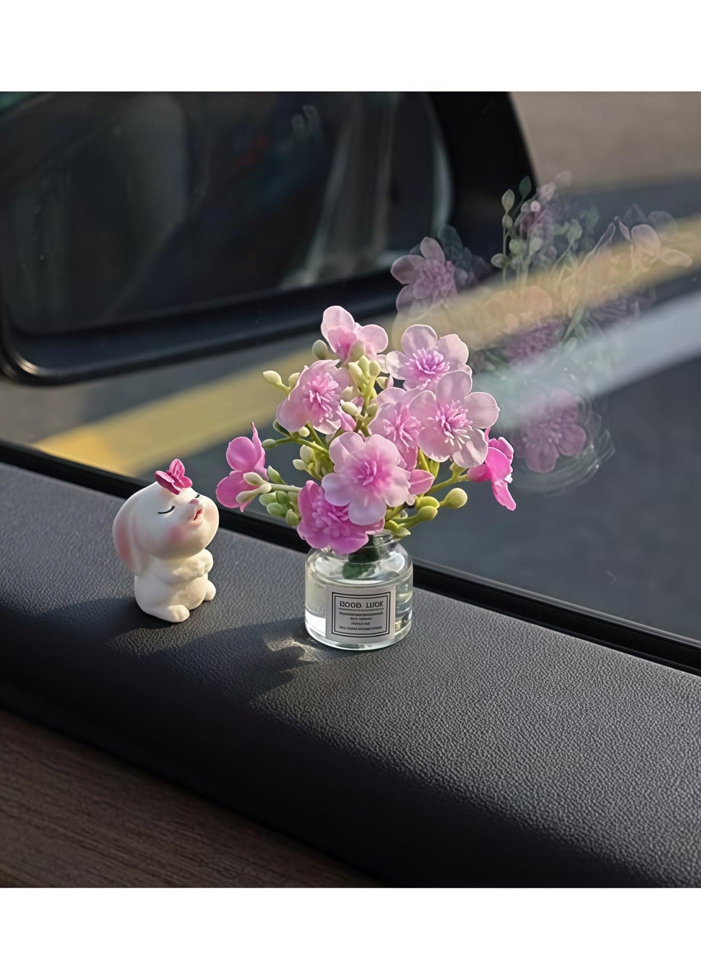 Set of 2 Cute Mini Bunny and Peach Blossom in Flower Vase Car Rearview Mirror Ornaments Funny Dashboard Decorations Kawaii Car Interior Accessories for Women Gifts