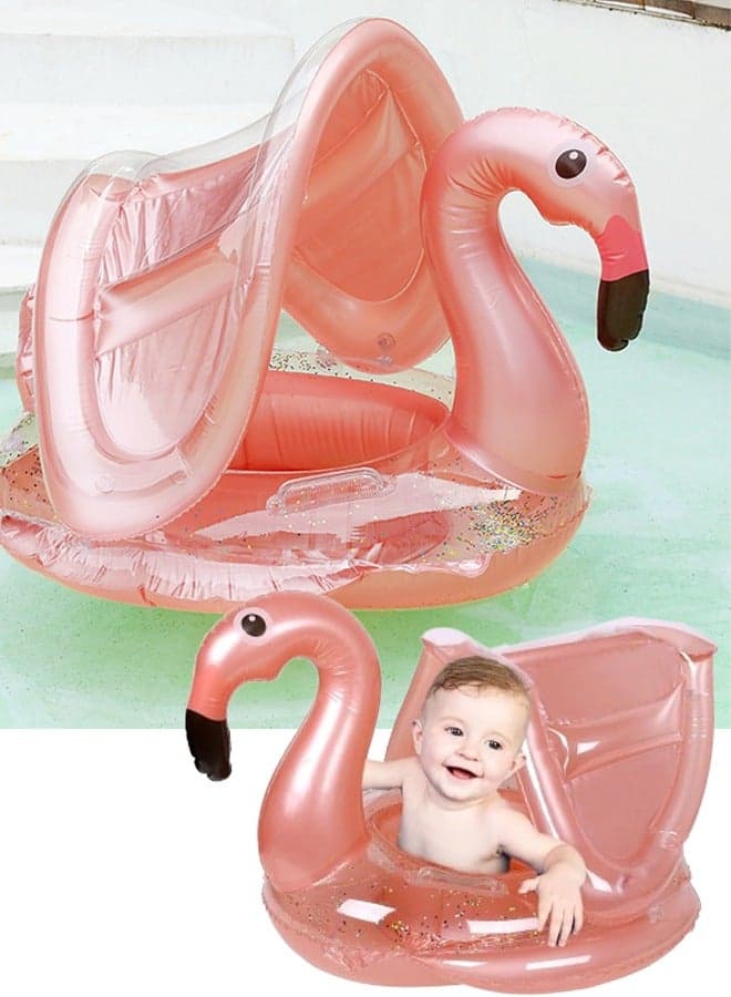 Baby Swimming Pool Floats with Removable Sun Protection Canopy Cute Inflatable Raft with Seat and Handle No Flip Over Kids Infants Boat Swim Ring for Toddlers 4-48 Months