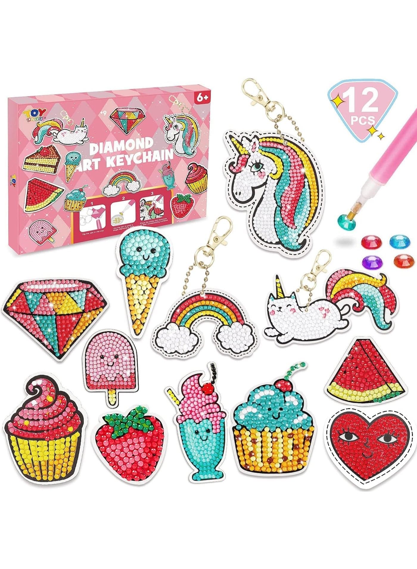 12Pcs Diamond Painting Art Kits for Kids, 5D Diamond Arts and Crafts Keychains for Kids Girls Ages 6-12 with Gift Box Gem Art Supplies Gem Star Cake Rainbow Keychains