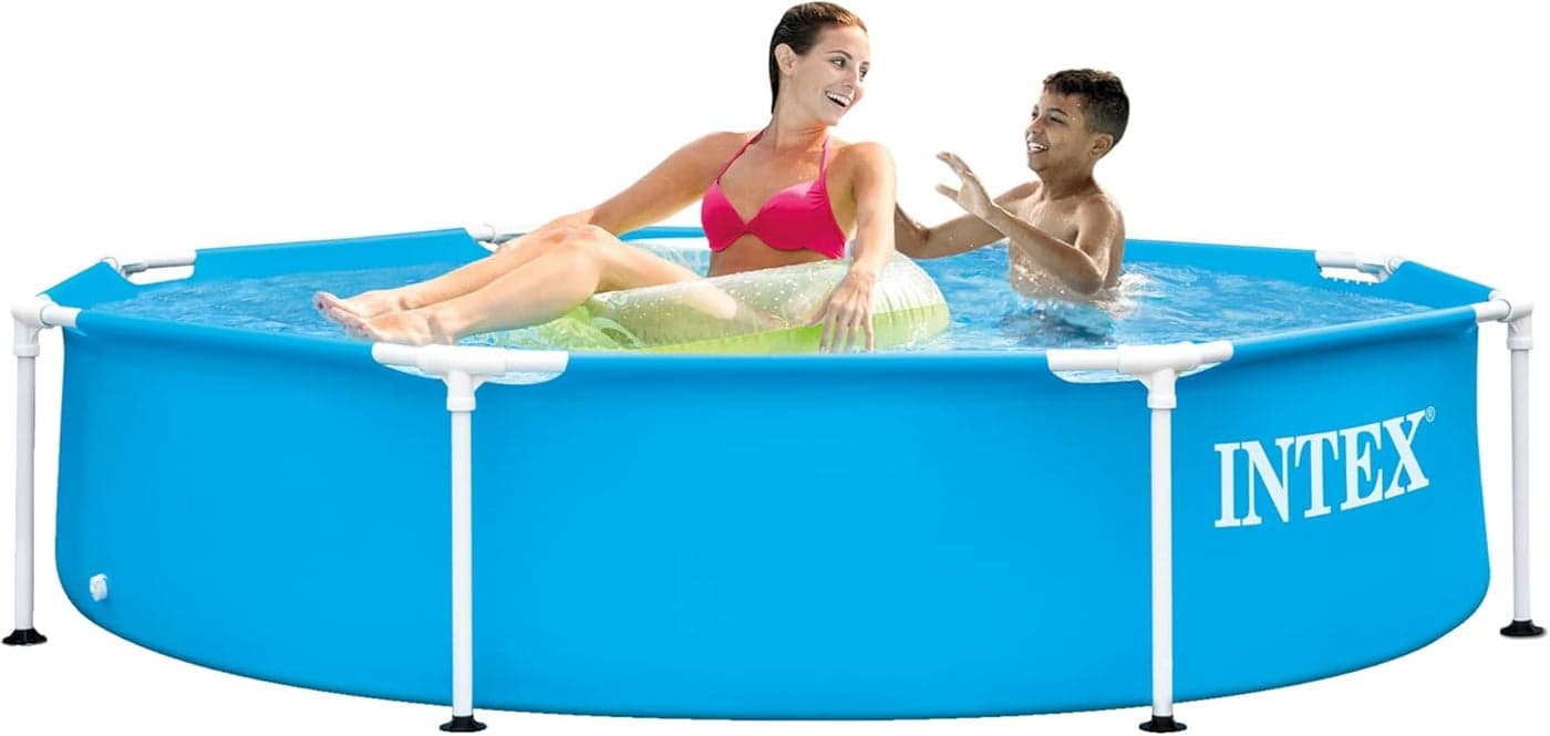 Intex 8 Foot x 20 Inch Round Metal Frame Above Ground Swimming Pool with Reinforced Sidewalls, Blue 244x51cm