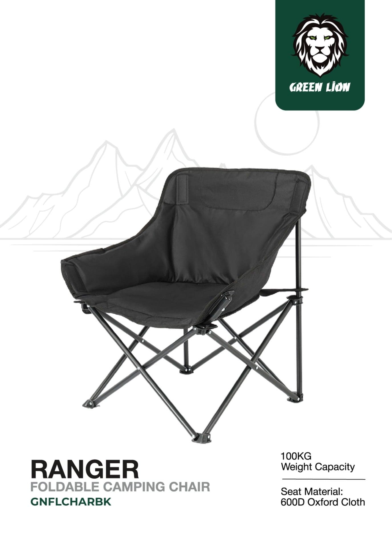 Ranger Foldable Camping Friendly Chair with Side Storage Bag / Steel Frame Material / 600D Oxford Cloth Seat Material / Non-Slip Base / Carry Handle / X-Structure Frame / Lightweight Design - Black