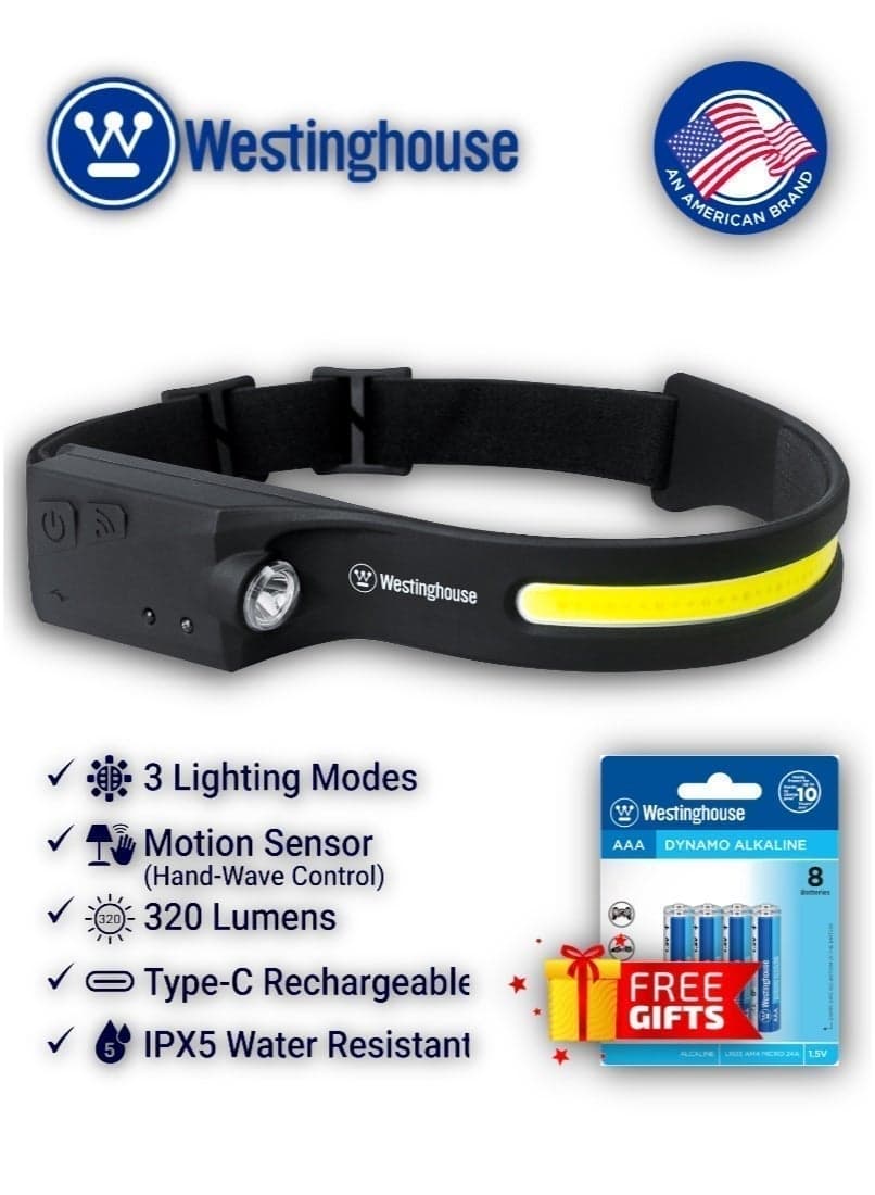 Westinghouse WF218 Rechargeable COB & LED Headlight | 6 Modes, Wave Sensor, USB-C Rechargeable, 320 Lumens, Adjustable Headband | Ideal for Camping, Hiking, Fishing, Repairing, Eco-Friendly