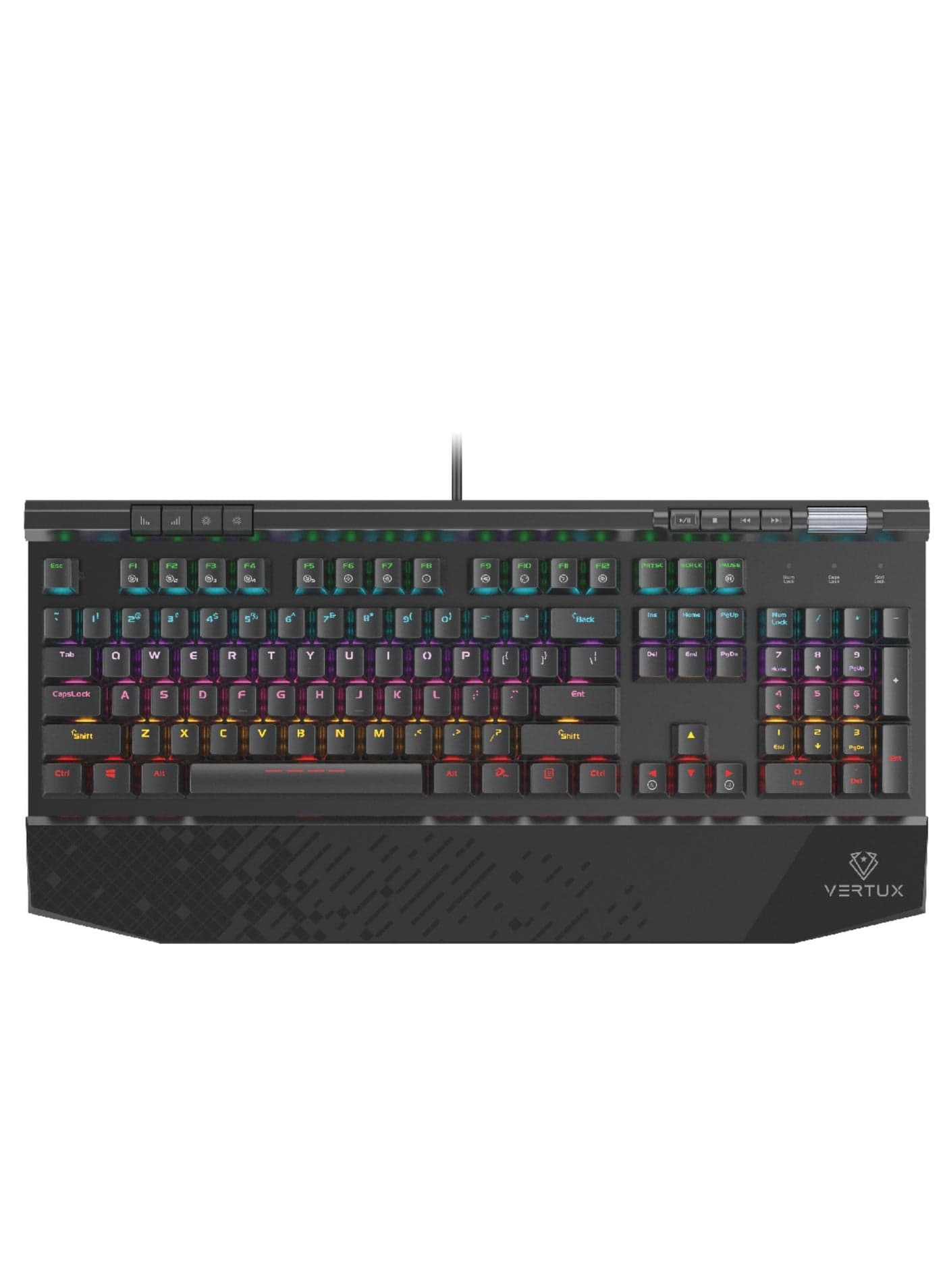USB Wired Gaming Keyboard, Premium 104 Keys Anti-Ghosting Multimedia Gaming Keyboard with Wrist Rest, Black Switches and Customized Rainbow LED Backlit for Gaming, PC, PS5, Tungsten English