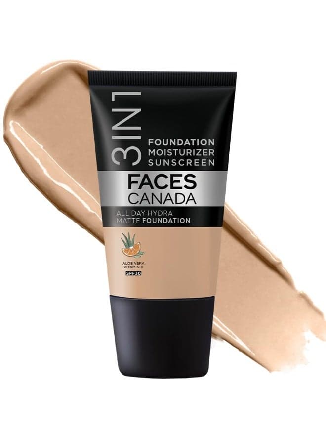 FACESCANADA Cream All Day Hydra Matte Foundation - Mini|3in1 Foundation + Moisturizer + SPF 30|24 HR Aloe Hydration & Vitamin C| 10HR Wear | Medium to High Buildable Coverage | Medium Natural (18 ml)