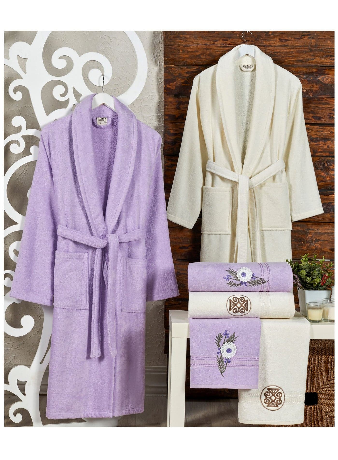 6-Piece Turkish Velour Cotton Bathrobe Set for Couples with Matching Bath Towels and Hand Towels Lilac/Ivory