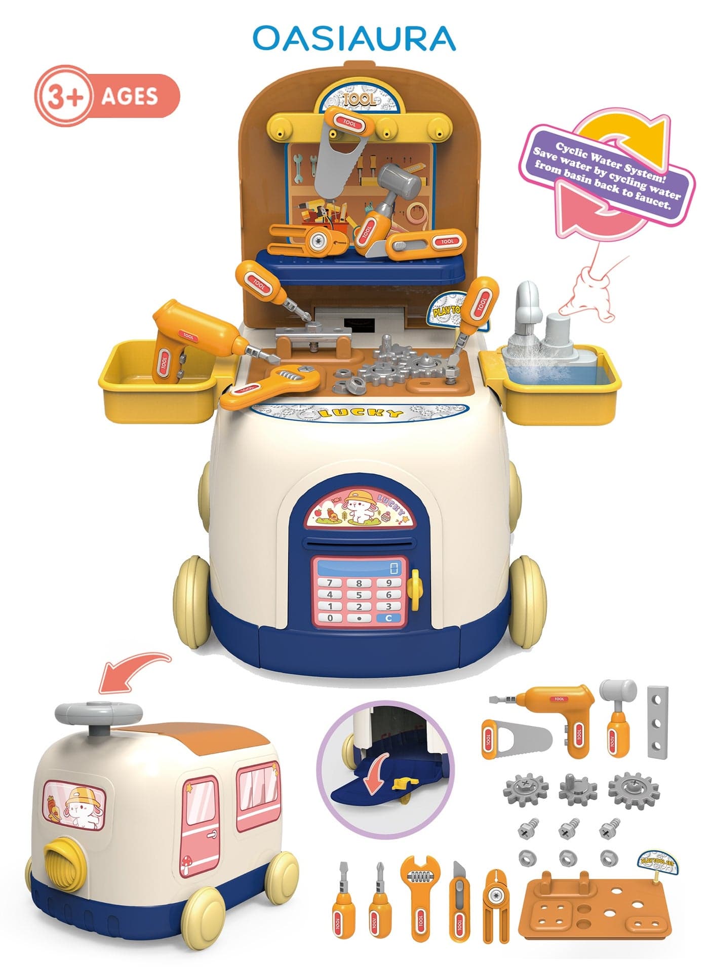 3+ Years Old Toddler 2-in-1 Educational Bus Toy & Tool Box - Portable Storage (Blue) Pretend Play Kit