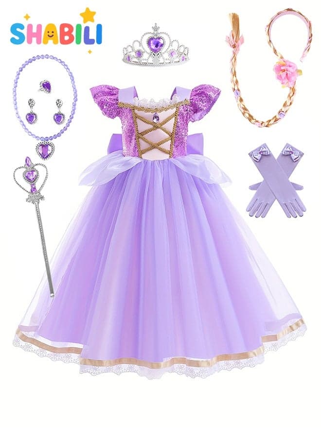 Kids Girls Lavender Princess Dress Costume Set Aged 4–12 – 8-Piece Rapunzel Tulle Gown with Crown, Magic Wand, Gloves (1 Pair), Jewelry & Braided Wig – Birthday / Eid / Party Gift
