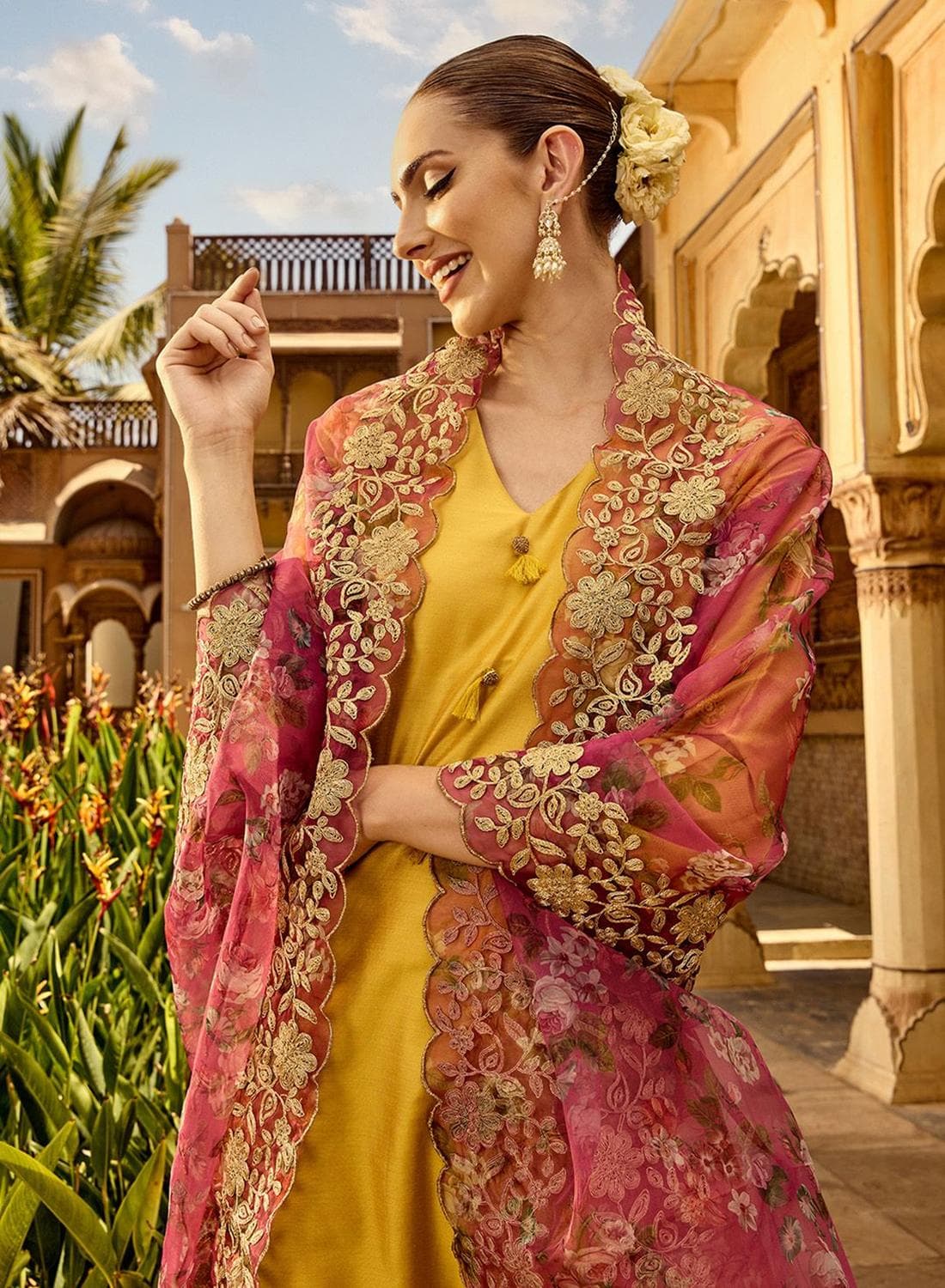 Women'S Yellow Polyester Blend Self Design Full Length Palazzo Kurta Set