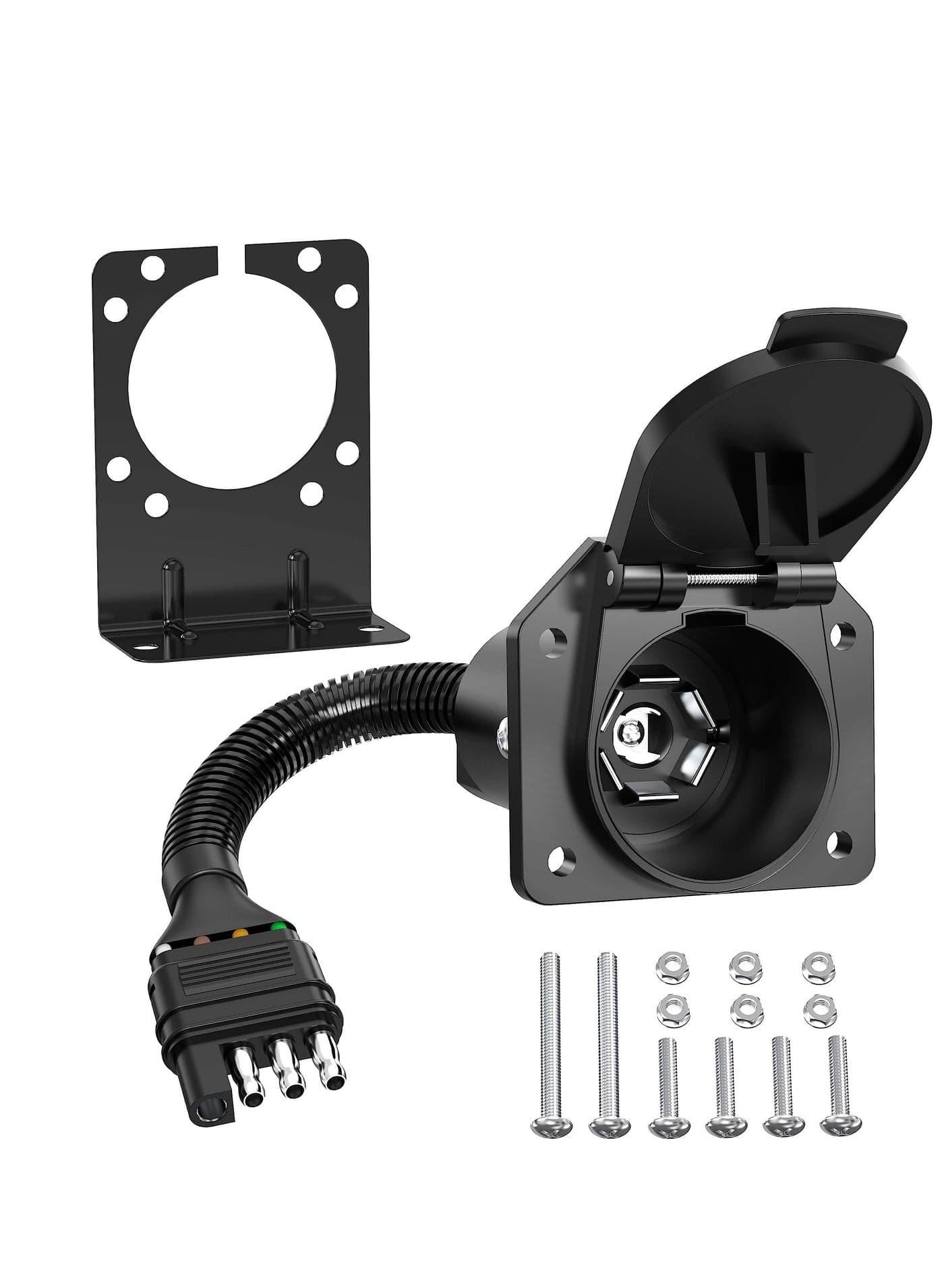 4 Way to 7 Way RV Round Blade Trailer Adapter Wiring Plug Connector with Mounting Bracket for Towing Solutions