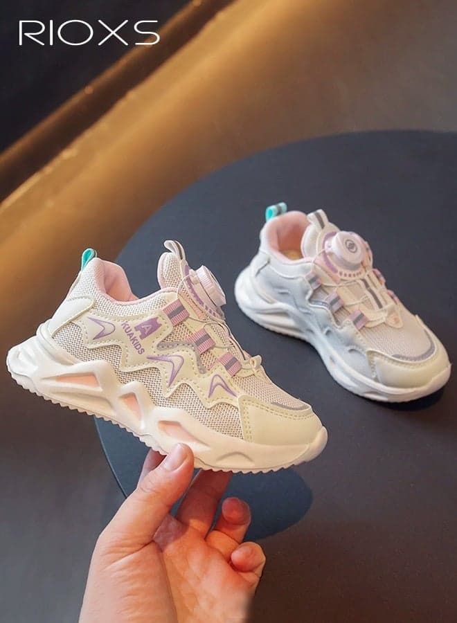 Kids Gilrs Turn Lock Sneakers, Breathable Mesh Chunky Platform Sneakers for Toddler Girls, Trendy Lightweight Rotate Buckle Athletic Running Sneakers Sports Shoes, Non-slip Shock Proof Kids Tennis Shoes Casual Walking Shoes, Suitable for School, Runnig, Playing, Riding, Playground and More