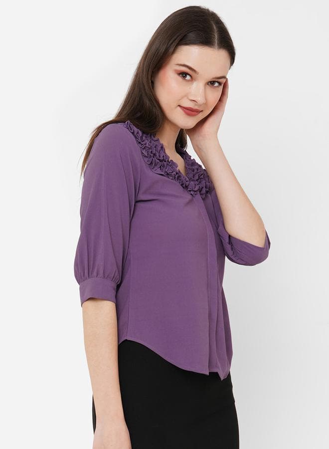 Regular Fit V-Neck Ruffle Detail Shirt