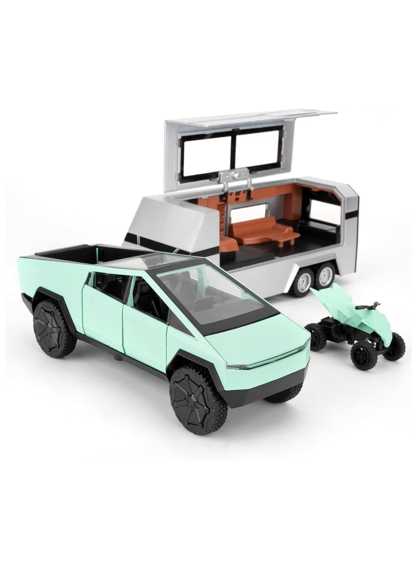 1:32 Scale Simulation of Tesla Cybertruck Diecast Pickup Truck Model with Bike & Trailer – Alloy Toy Car with Sound & Light for Kids & Collectors