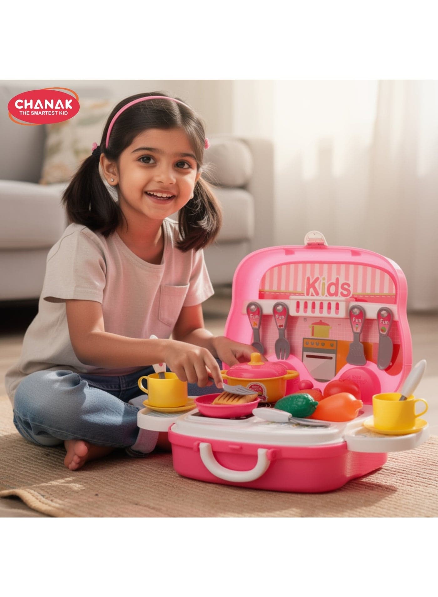 Chanak Kitchen set for girls, kitchen suitcase set on wheels, colorful pretend play cooking set for girls with 18 pieces, portable kitchen set for 3 years, (kitchen set suitcase)