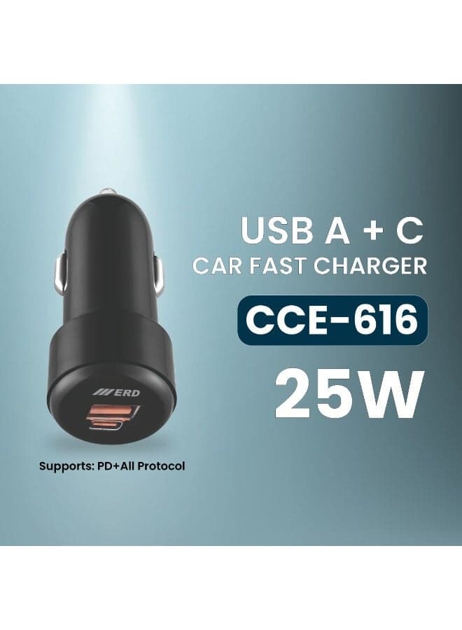 ERD 25W Car Charger Fast Charging Dual Port USB A & C Car Plug Adapter Compact Black Glossy Design Compatible With iPhone 16 15 14 13 12 11 iPad Pro mini 6 Samsung S24 S23 S22 Xiaomi Airpods 4 Apple Watch S10