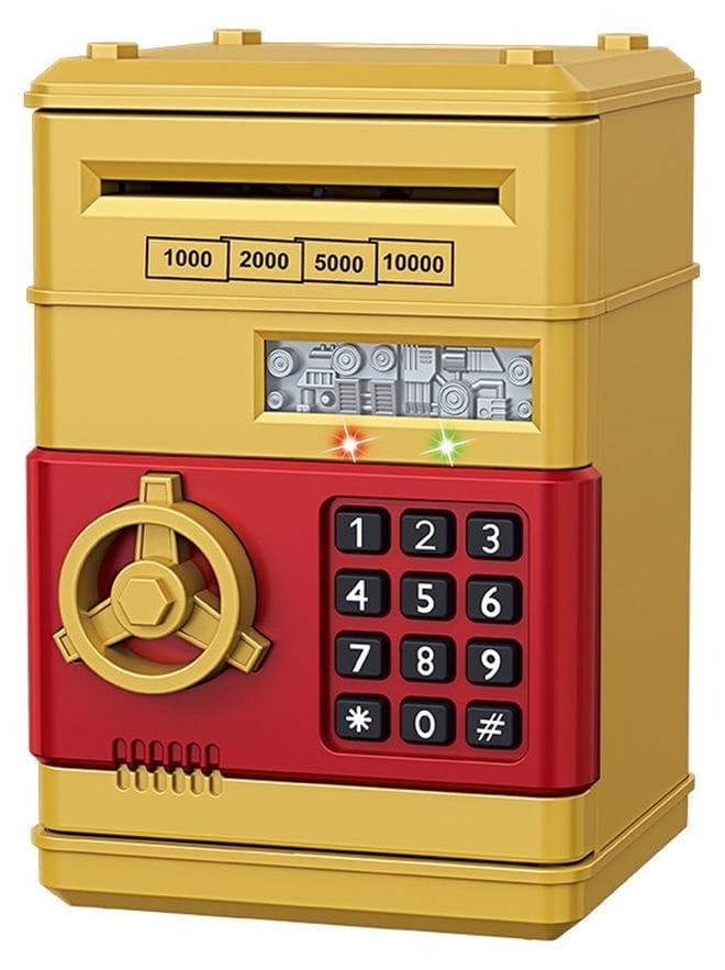 Electronic Password Protected Atm Piggy Bank Durable Sturdy Unique Detailed Design Gold (13 x 13 x 19 cm)