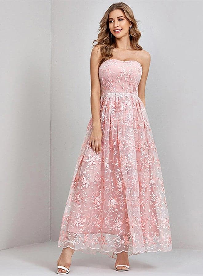 XL Size Elegent Party Strapless Maxi Dress 2026 Fashion Vintage Lace Floral Embroidery Pink Clothing Lady A Line Fairy Dress New/M2232