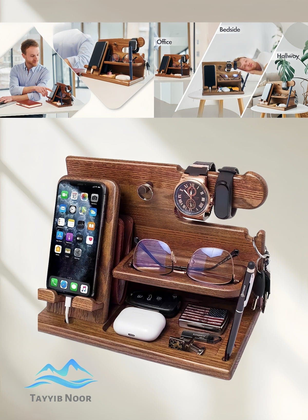 Eco-Friendly Wooden Desk Organizer Wood Phone Docking Station- Office Desk Accessories, Multifunctional Phone & Key Holder with Watch Storage, Nightstand Charging Organizer, Home Office Organizer for Men Women, Gadgets OrganizerDurable Natural Wood Gift (Easy Assembly)