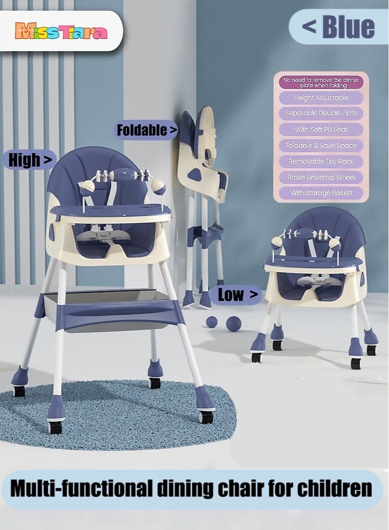 Baby High Chair for Toddlers, Foldable High Chairs with Adjustable Seat Heigh Recline with 4 Wheels and Removable Tray