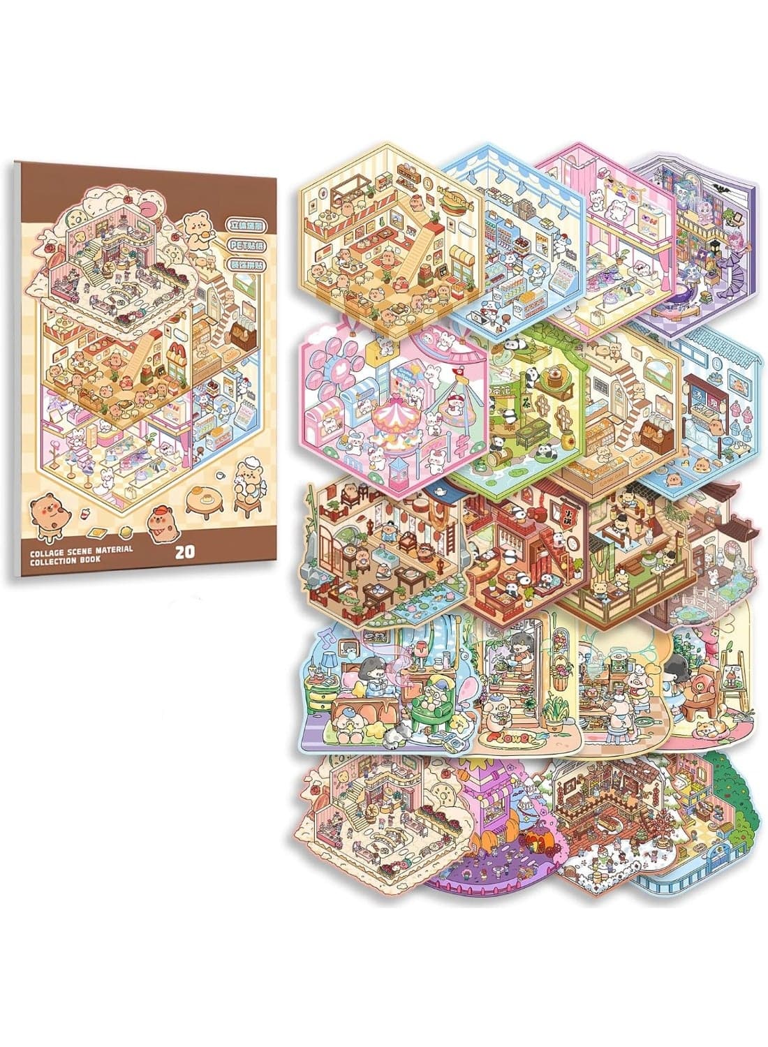 20 Sets DIY 3D Sticker Scene Collection Book for Kids Adults Cute Make Your Own Shop House Stickers for Gifts Stickers Therapy for Adult Relief Stress Pass The Time Play Park Hamburg Castle Library