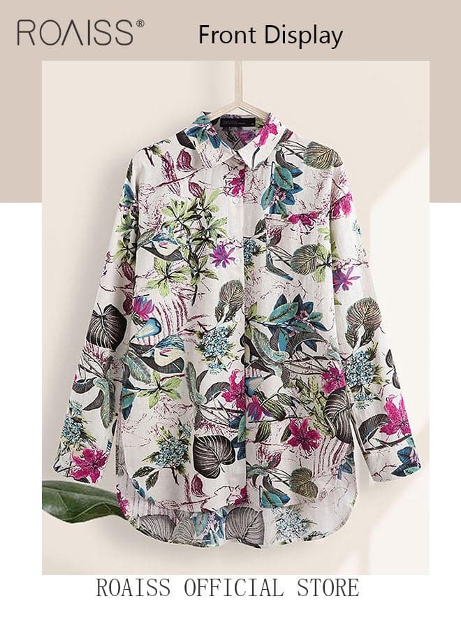 Ladies Stylish Lapel Shirt for Daily Commute Womens Long Sleeve Top with Simple Design and Loose Fit Featuring a Beautiful Floral Pattern