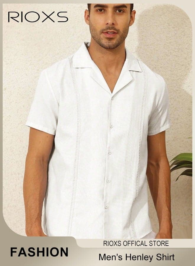 Men's Short Sleeve Shirts, Classic Button Down Short Sleeve Top, Breathable Solid Color V-Neck Shirts, Summer Loose Casual Wrinkle Free Beach Shirts for Men, Comfy Tops Casual Shirts for Hawaiian Office Or Daily Wear, White