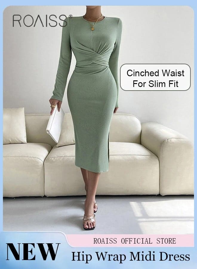 Women Evening Party Dress Waist Pleats and Crossed Tie Design for a Visual Waist Cinching and Slimming Effect Figure Enhancing Slim Fit to Flatter the Body Women Long Sleeve Mid Length Dress