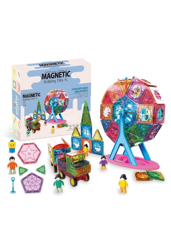 120PCS Magnetic Building Tiles Set with Ferris Wheel, Vehicles and Figures STEM Construction Toy for Creative Learning and Imaginative Play
