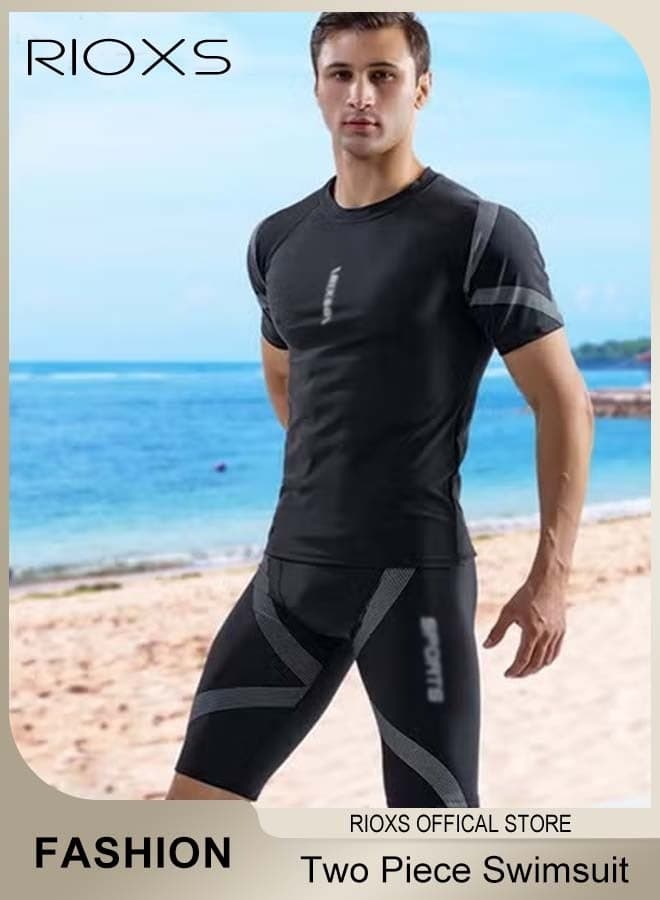 Men's Two Piece Rash Guard Swimsuit, Comfy Swimming Tops And Shorts, Water Sport Swimsuit, Sun Protection Bathing Suits, Short Sleeve Swimwear, Men's Swim Top And Trunks For Beach Swimming Surfing(Style 2)