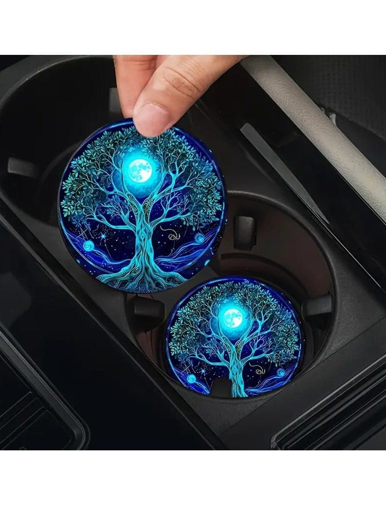 Life Tree Car Cup Holder Coasters - 2-Pack, Blue Glowing Tree Design Washable Rubber Cup Mats, Spiritual Lake Scene Home Decor Car Accessories