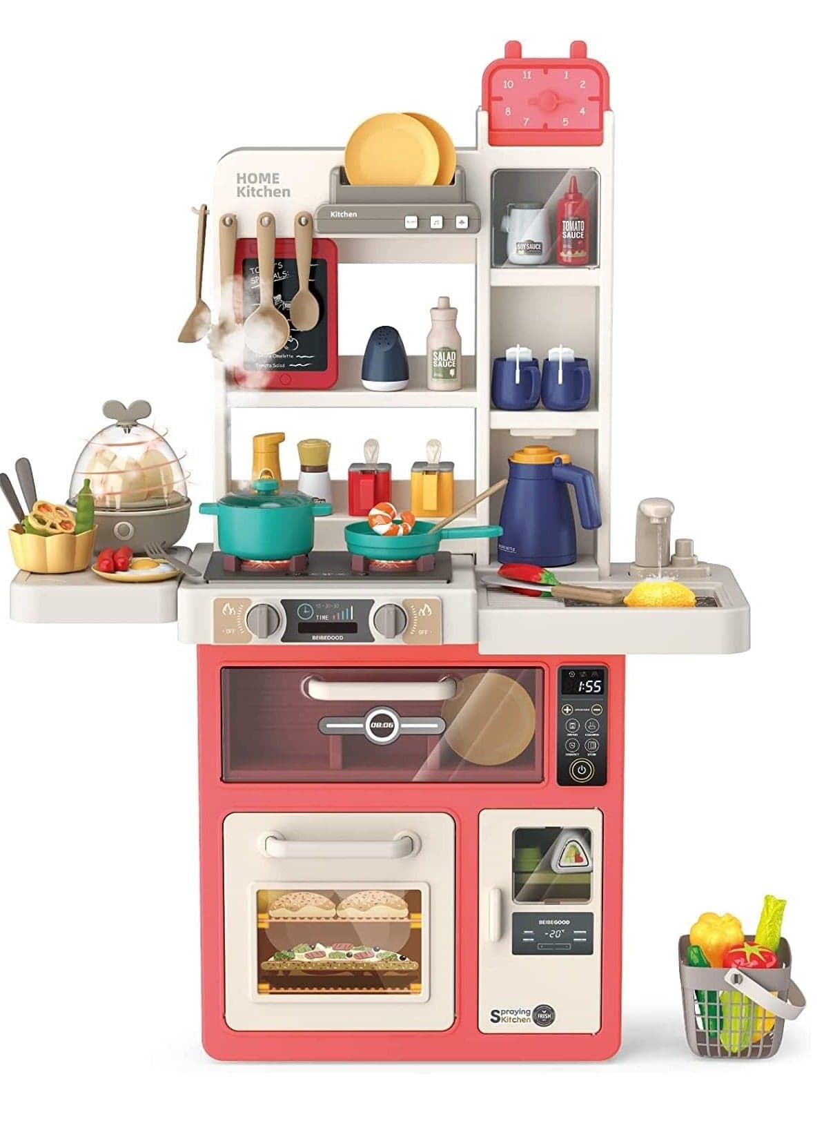 Kitchen Toy for Kids,Kitchen Playset Pretend Food,63 PCS for Toddlers Kids,Toy Accessories Sets Real Sounds and Lights,Play Sink,Cooking Stove with Steam,Girls and Boys,Begonia Red