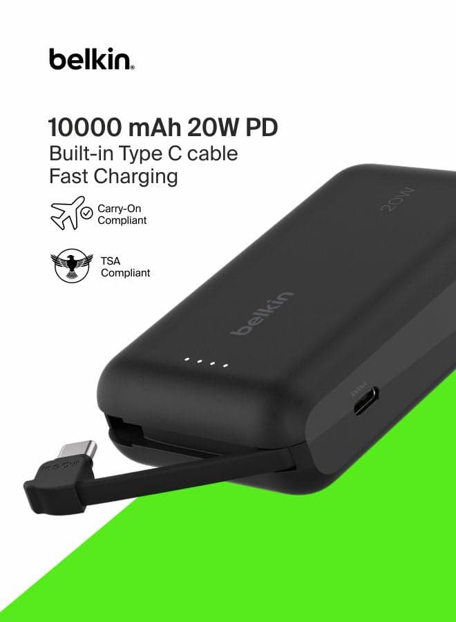 BoostCharge power bank 10000mAh, portable power bank with integrated cable PD 20W, fast charge USB-C power delivery, power bank fast charging for iPhone 16 series, iPad Pro, Galaxy S24 and more Matte Black