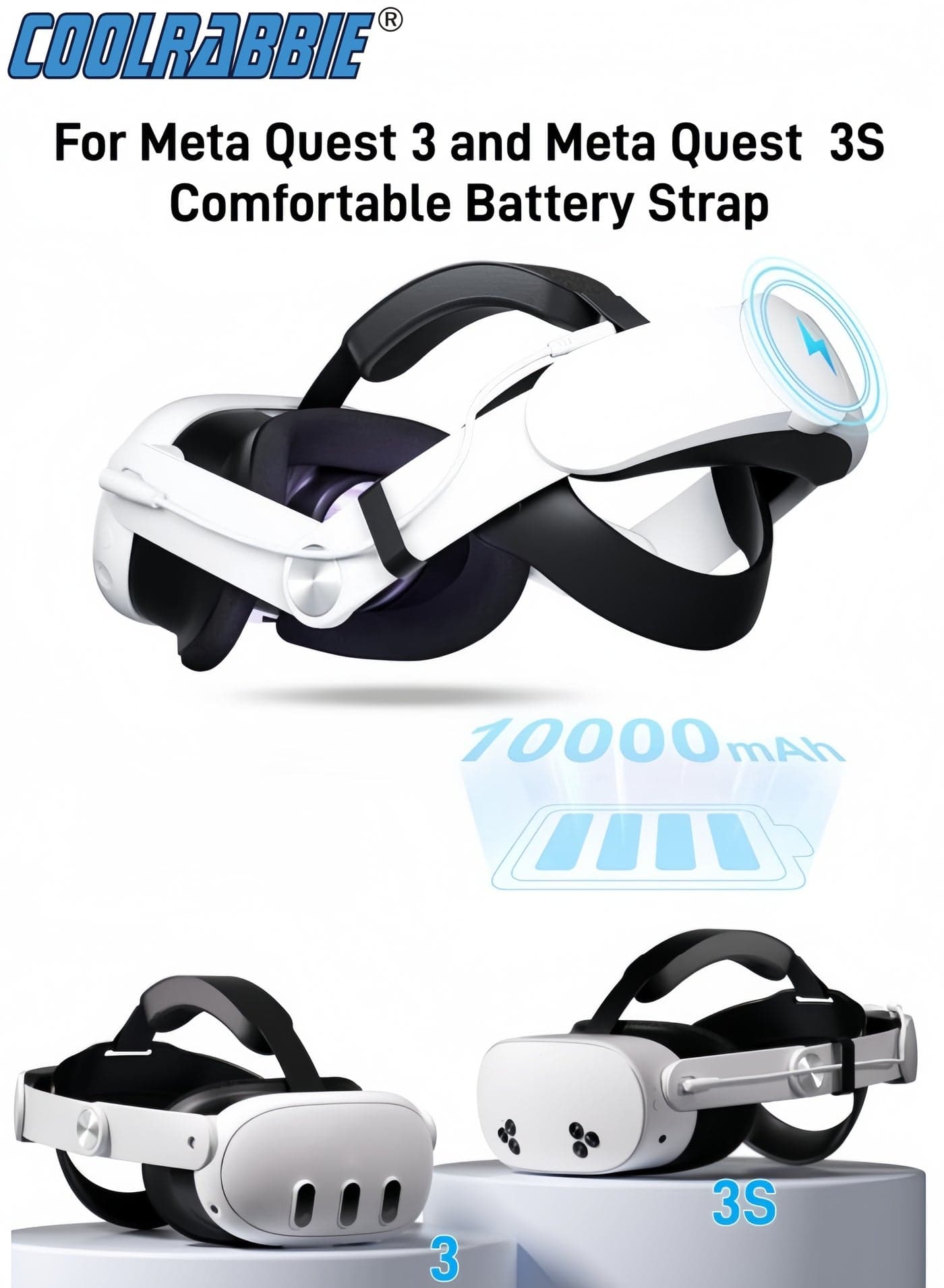 Head Strap Battery Compatible with Oculus/Meta Quest 3S/Quest 3-10000mAh Elite Strap with Battery Pack Extend Playtime - Enhanced Support for Quest 3S - Replacement Battery Head Strap VR Accessories