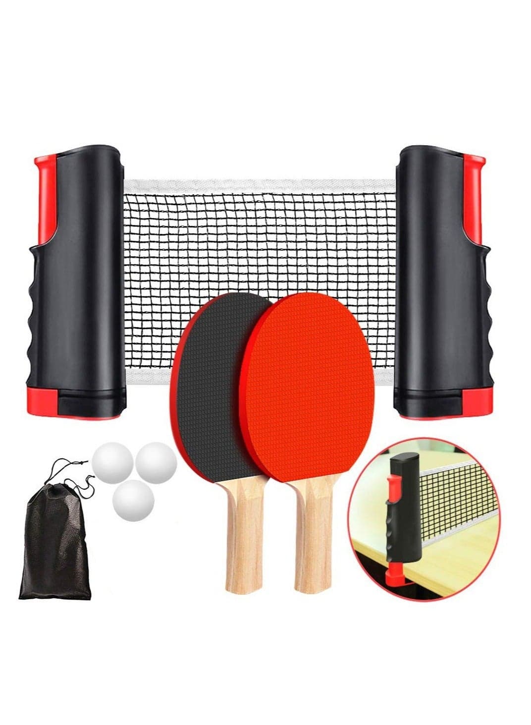 Ping Pong Paddle Set, Portable Table Tennis Set with Retractable Net, Rackets, Balls and Carry Bag for Indoor/Outdoor Games