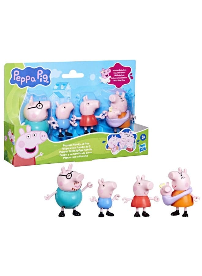 Peppa's Family of Five with Baby Evie, Poseable Figures Hold Hands, Preschool Toys for Girls and Boys 3 and Up
