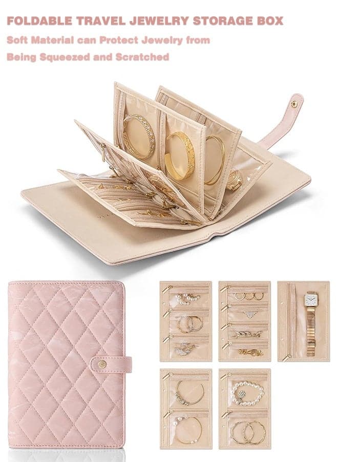 Travel Jewelry Organizer Case, Jewelry Storage Book Ring Binder with Clear Zipper Velvet Pouch Bag for Travel Essentials, Rings, Necklace, Earrings, Bracelets, Brooches, Gifts for Women-Sand Pink