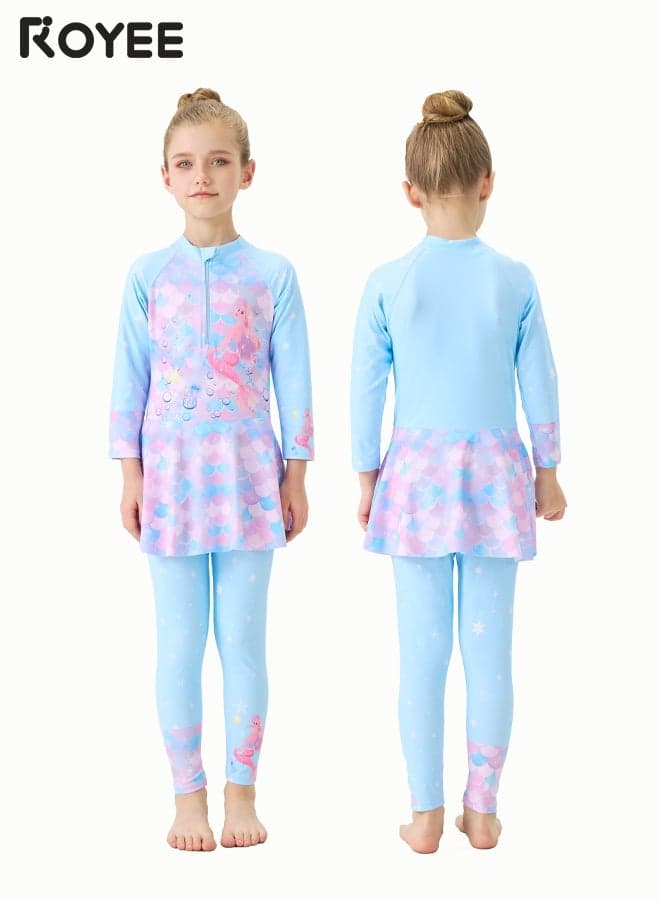 New Children's Swimsuit with Cap, One-piece Swimsuit With Long Pants, Long Sleeved For Middle-aged Girls,Swimwear With Sun Protection, Conservative Girls' Swimsuit